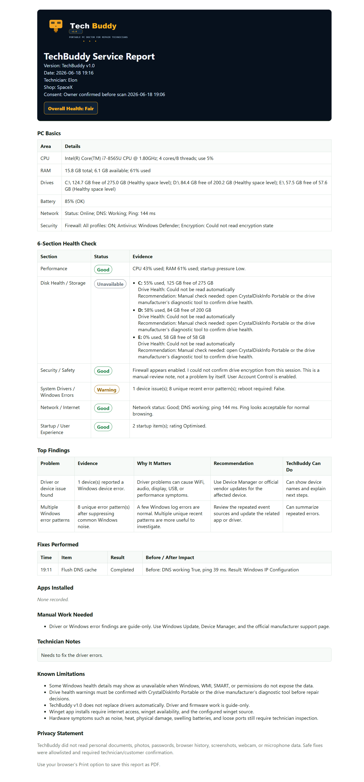 Full TechBuddy customer service report example