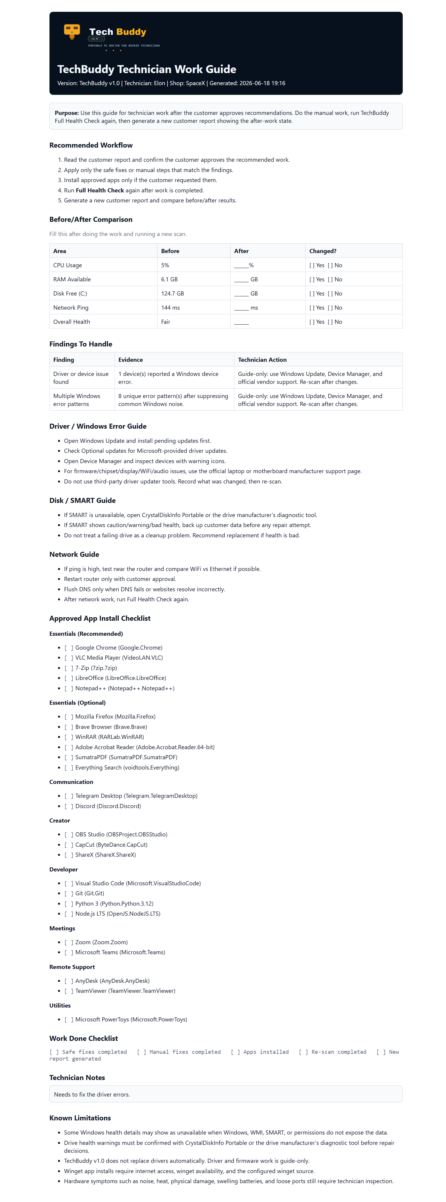 Full TechBuddy technician work guide example